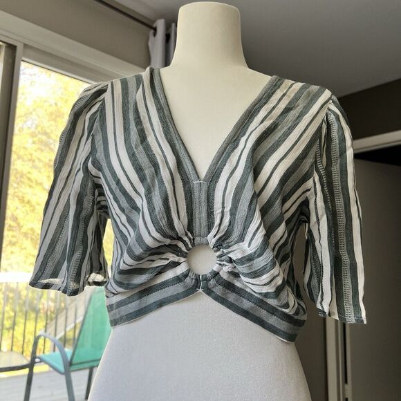 Boho Striped Crop Top Women’s Ring Front V-Neck Y2K Cottagecore Festival Blouse - Picture 6 of 12